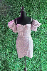 Light Pink Puff Sleeves Sequins Sheath Corset Homecoming Dress Cocktail outfits, Bridesmaids Dresses Fall