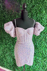 Light Pink Puff Sleeves Sequins Sheath Corset Homecoming Dress Cocktail outfits, Bridesmaid Dress Colours