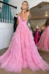 Light Pink Tulle Tiered A-Line Long Corset Prom Dress outfits, Light Pink Tulle Tiered A-Line Long Prom Dress