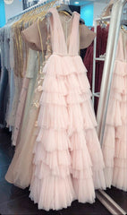 Light Pink V-Neck Ruffles Corset Prom Dress outfits, Party Dress For Ladies