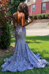 Light Purple Deep V Neck Sequin Mermaid Corset Prom Dress outfits, Light Purple Deep V Neck Sequin Mermaid Prom Dress