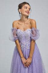 Light Purple Lace And Sequins Tulle Off The Shoulder Floor Length Dresses outfit, Formal Dress Elegant