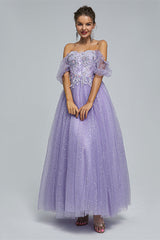 Light Purple Lace And Sequins Tulle Off The Shoulder Floor Length Dresses outfit, Formal Dress Outfit Ideas