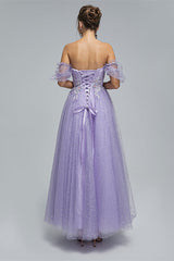 Light Purple Lace And Sequins Tulle Off The Shoulder Floor Length Dresses outfit, Formal Dress Attire