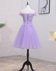 Light Purple Lace And Tulle Off The Shoulder Corset Homecoming Dress outfit, Elegant Dress Classy