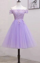 Light Purple Lace And Tulle Off The Shoulder Corset Homecoming Dress outfit, Party Dress Short Tight