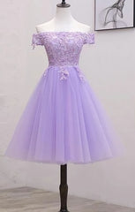 Light Purple Lace And Tulle Off The Shoulder Corset Homecoming Dress, Short Party Dress Outfits, Party Dresses With Sleeves