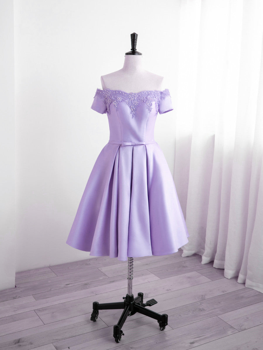 Light Purple Satin Short Party Dress with Lace, Cute Short Corset Homecoming Dress outfit, Homecoming Dresses Fitted