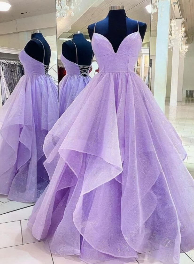 Light Purple Tulle Lace-up Layers Long Evening Gown, Shiny Tulle Junior Corset Prom Dresses outfit, Ethereal Dress