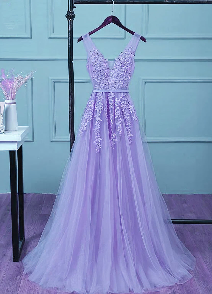 Light Purple Tulle Long Party Dress , A-line Corset Bridesmaid Dress outfit, Formal Dress Store Near Me