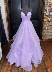 Light Purple Tulle Straps Long Corset Formal Dress, A-line Purple Corset Prom Dress outfits, Formal Dress Long Gown