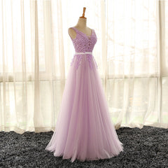 Light Purple V-neckline Long Corset Formal Dress, Tulle Lace Applique Corset Bridesmaid Dress outfit, Bride Dress