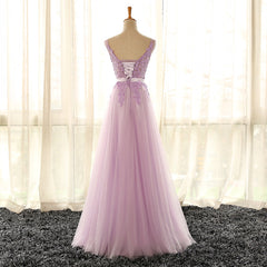 Light Purple V-neckline Long Corset Formal Dress, Tulle Lace Applique Corset Bridesmaid Dress outfit, Gala Dress