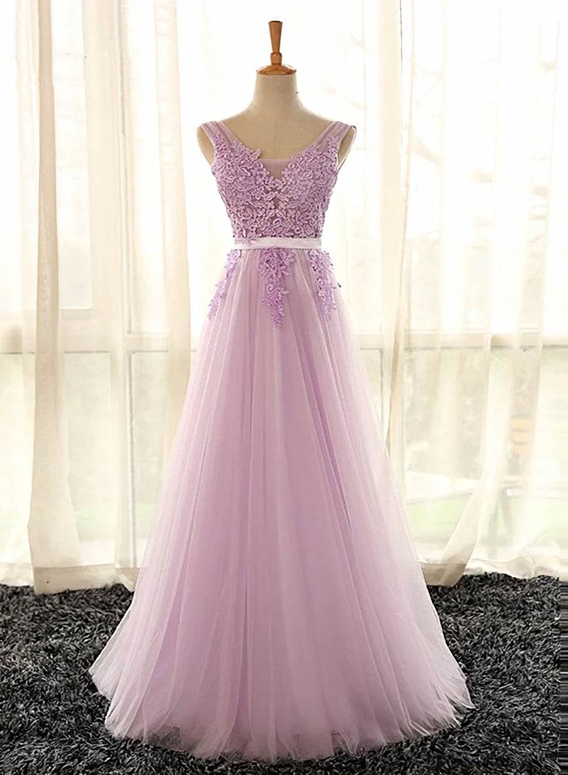 Light Purple V-neckline Long Corset Formal Dress, Tulle Lace Applique Corset Bridesmaid Dress outfit, Bachelorette Party Outfit
