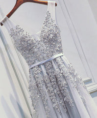 Light Sliver Grey Lace Applique V-neckline Long Party Dress, Light Grey Corset Wedding Party Dress Outfits, Wedding Dresse Vintage Lace