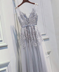 Light Sliver Grey Lace Applique V-neckline Long Party Dress, Light Grey Corset Wedding Party Dress Outfits, Wedding Dress Budget