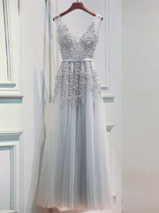 Light Sliver Grey Lace Applique V-neckline Long Party Dress, Light Grey Corset Wedding Party Dress Outfits, Wedding Dress Vintage Lace