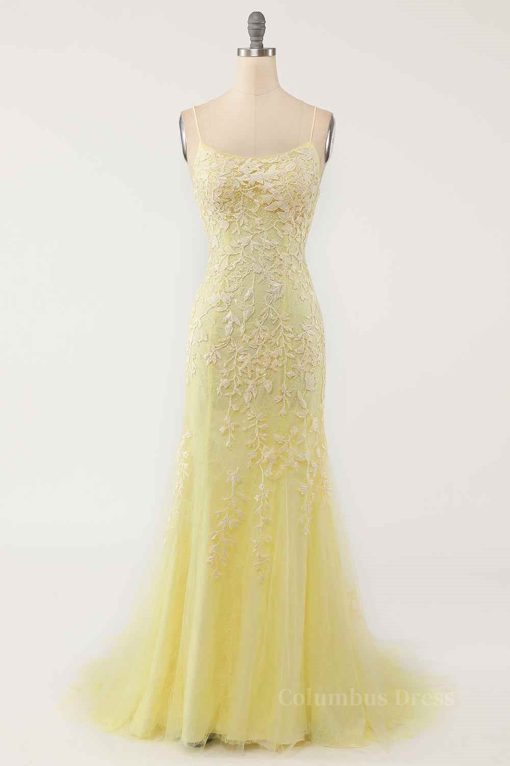 Light Yellow Light Blue Mermaid Scoop Neckline Applique Lace-Up Back Long Corset Prom Gown outfits, Party Dresse Idea