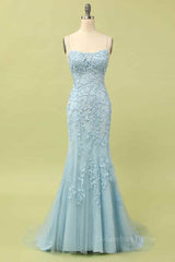 Light Yellow Light Blue Mermaid Scoop Neckline Applique Lace-Up Back Long Corset Prom Gown outfits, Party Dresses Idea