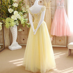 Light Yellow Tulle Cap Sleeves with Lace Applique Corset Prom Dress, Yellow Long Evening Dress outfit, Party Dress Size 24