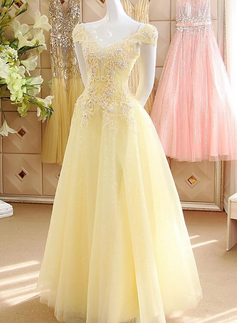 Light Yellow Tulle Cap Sleeves with Lace Applique Corset Prom Dress, Yellow Long Evening Dress outfit, Party Dresses Classy