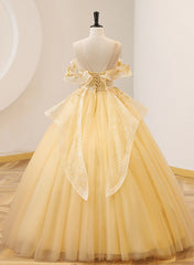 Light Yellow Tulle with Beadings and Lace Party Dress, Yellow Tulle Corset Prom Dress outfits, Party Dress Code