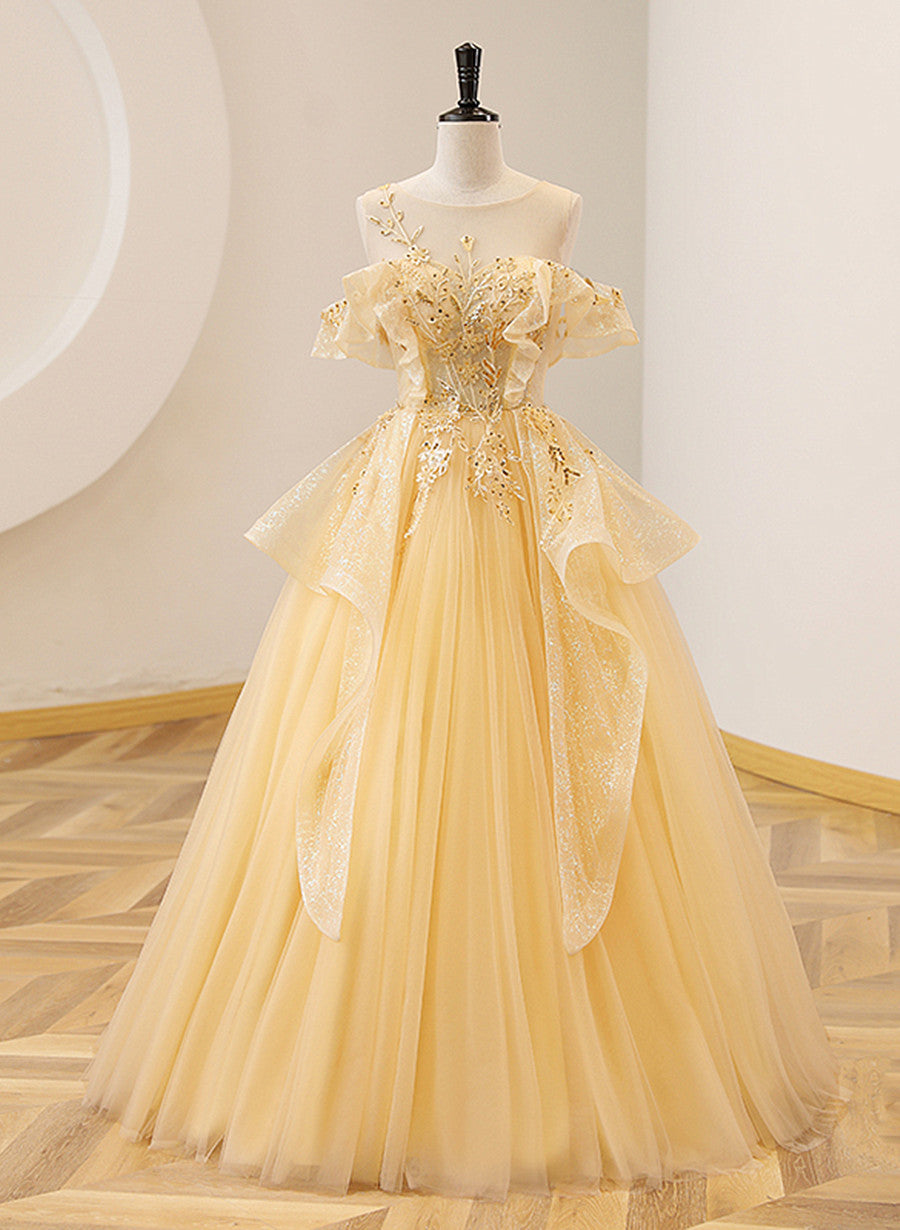 Light Yellow Tulle with Beadings and Lace Party Dress, Yellow Tulle Corset Prom Dress outfits, Party Dresses For Weddings