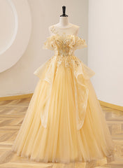 Light Yellow Tulle with Beadings and Lace Party Dress, Yellow Tulle Corset Prom Dress outfits, Party Dresses For Weddings