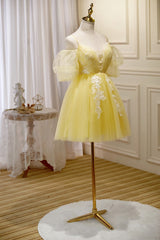 Light Yellow Tulle with Lace Puffy Sleeves Party Dress, Yellow Corset Homecoming Dresses outfit, Evening Dresses Classy
