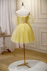 Light Yellow Tulle with Lace Puffy Sleeves Party Dress, Yellow Corset Homecoming Dresses outfit, Evening Dresses 2029