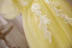 Light Yellow Tulle with Lace Puffy Sleeves Party Dress, Yellow Corset Homecoming Dresses outfit, Evening Dresses Lace