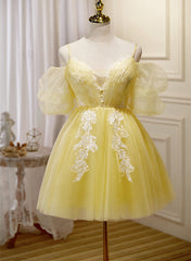 Light Yellow Tulle with Lace Puffy Sleeves Party Dress, Yellow Corset Homecoming Dresses outfit, Evening Dresses Princess