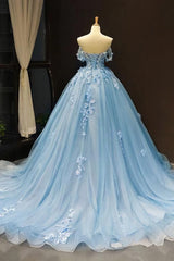 Light Sky Blue Off The Shoulder Corset Ball Gown Tulle Corset Prom Dress With Applique Gowns, Casual Dress