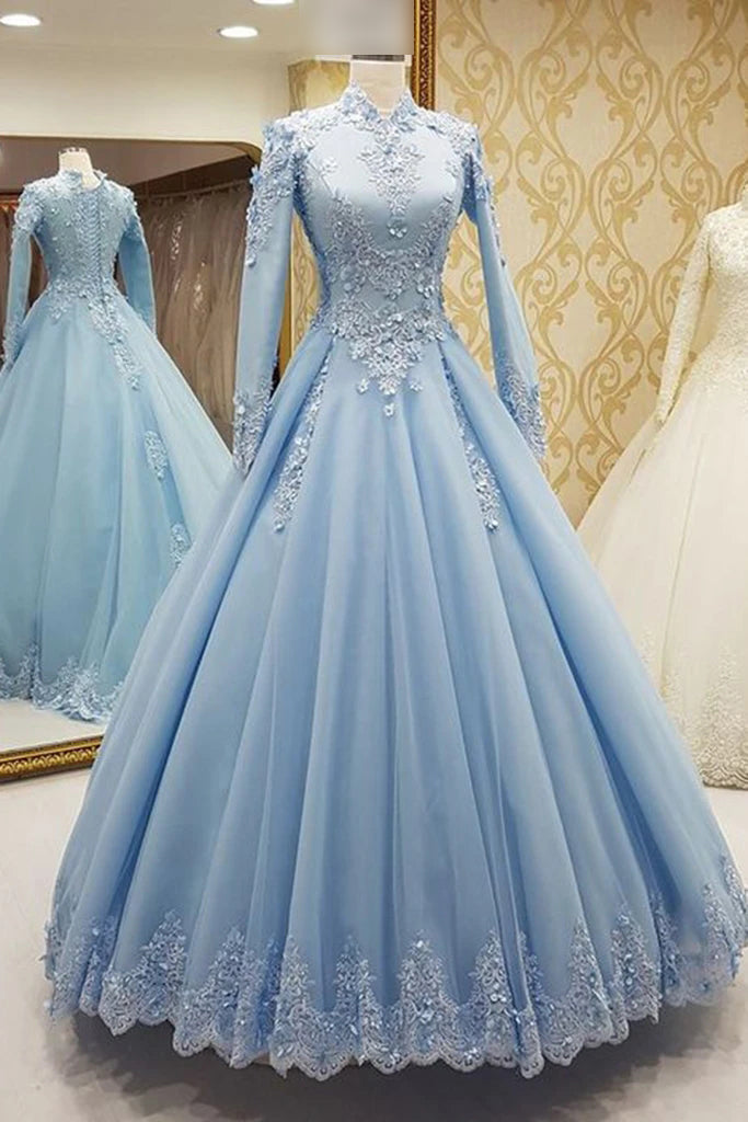 Gorgeous High Neck Long Sleeves Puffy Corset Prom Dress, Light Blue Long Evening Dress outfit, Party Dress Pink