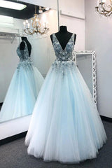 A Line V Neck Tulle Long Corset Prom Dress with Flowers, Sleeveless Party Dress Outfits, Glam Dress