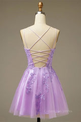 Lilac A-line Lace-Up Back Applique Tulle Mini Corset Homecoming Dress outfit, Party Dresses For Christmas Party