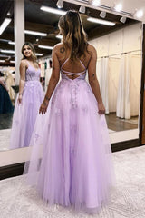 Lilac A-Line Spaghetti Straps Lace Long Corset Prom Dress with Slit Gowns, Lilac A-Line Spaghetti Straps Lace Long Prom Dress with Slit