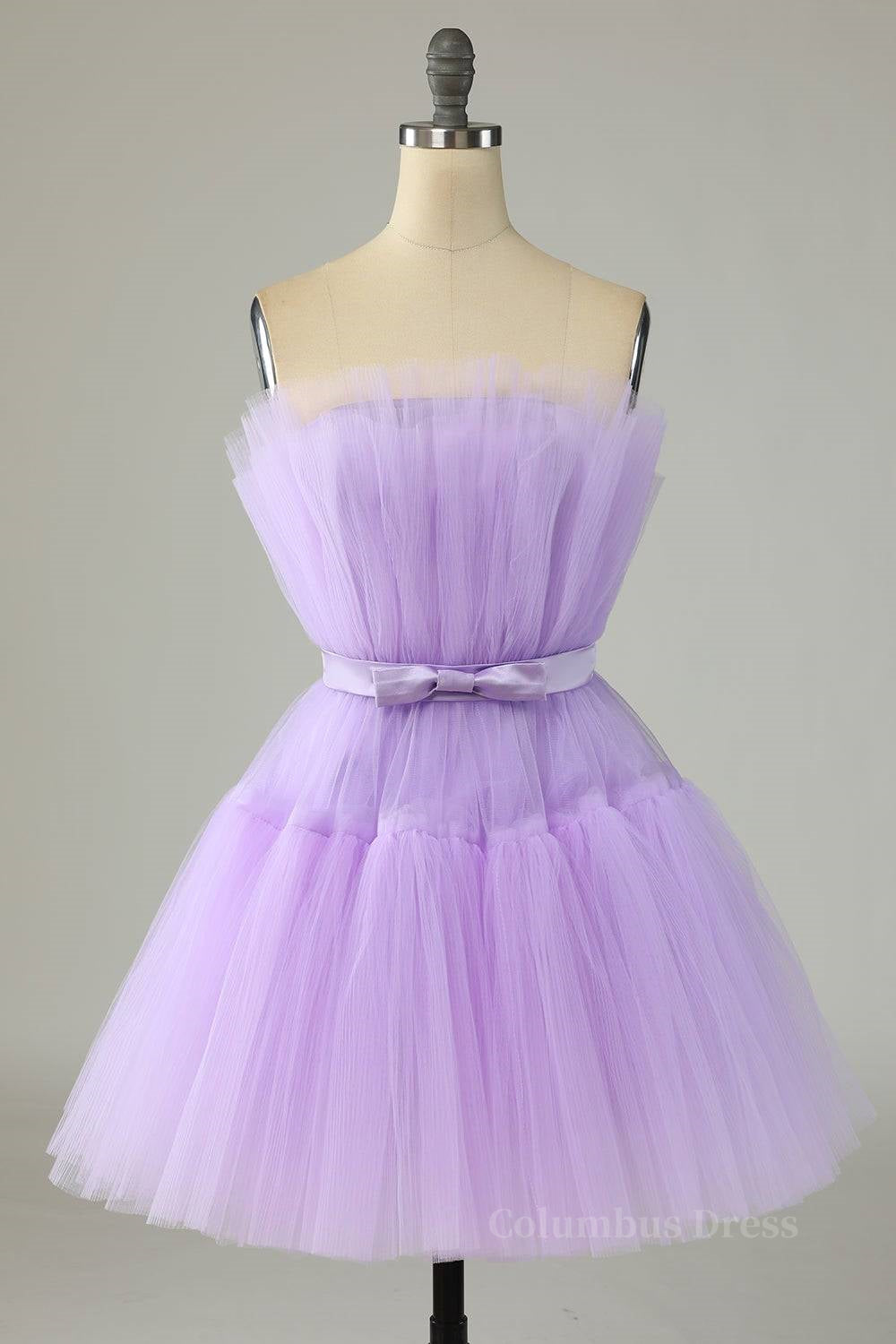 Lilac A-line Strapless Voluminous Tulle Mini Corset Homecoming Dress with Sash Gowns, Party Dresses For Girl