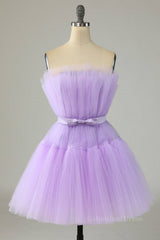 Lilac A-line Strapless Voluminous Tulle Mini Corset Homecoming Dress with Sash Gowns, Party Dresses For Girl