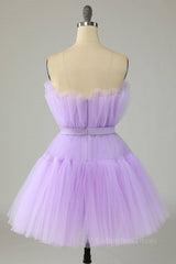 Lilac A-line Strapless Voluminous Tulle Mini Corset Homecoming Dress with Sash Gowns, Party Dress Man