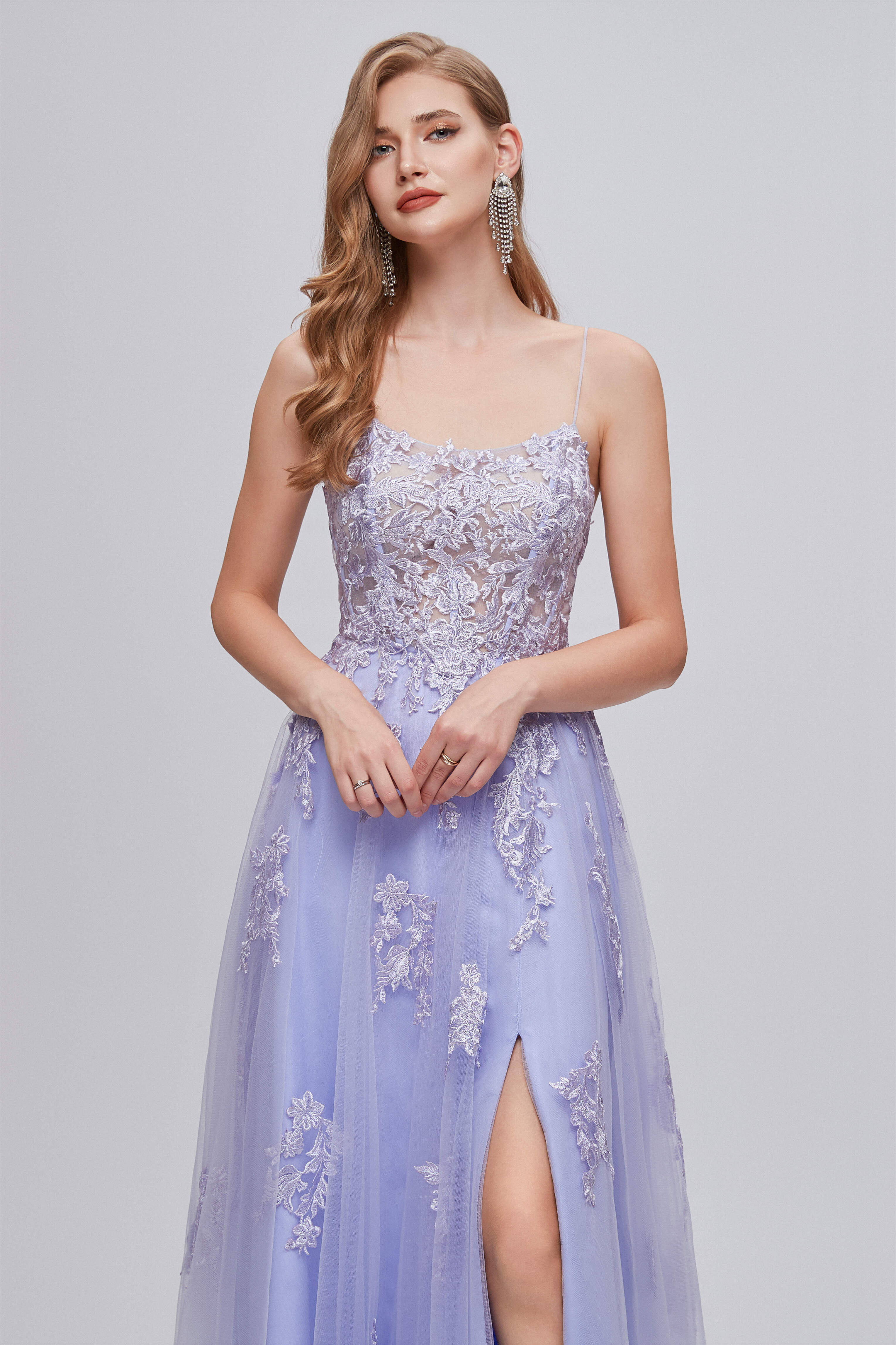 Lilac Appliques Lace-Up A-Line Long Corset Prom Dresses with Slit Gowns, Formal Dress For Wedding Guest
