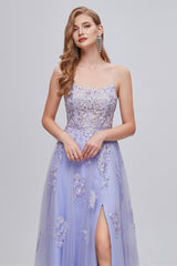 Lilac Appliques Lace-Up A-Line Long Corset Prom Dresses with Slit Gowns, Formal Dress For Wedding Guest