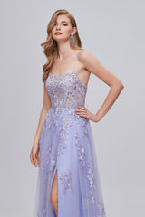 Lilac Appliques Lace-Up A-Line Long Corset Prom Dresses with Slit Gowns, Formal Dress For Weddings Guest