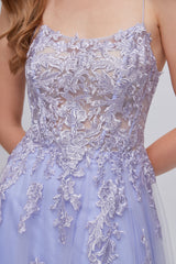 Lilac Appliques Lace-Up A-Line Long Corset Prom Dresses with Slit Gowns, Formal Dress To Attend Wedding