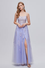 Lilac Appliques Lace-Up A-Line Long Corset Prom Dresses with Slit Gowns, Formal Dresses Wedding Guest