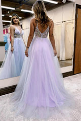 Lilac Beaded A-Line Tulle Corset Prom Dress with Flowers outfit, Lilac Beaded A-Line Tulle Prom Dress with Flowers