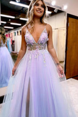 Lilac Beaded A-Line Tulle Corset Prom Dress with Flowers outfit, Lilac Beaded A-Line Tulle Prom Dress with Flowers