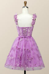 Lilac Butterfly Tulle A-line Short Corset Homecoming Dress outfit, Cute Prom Dress