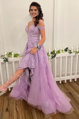 Lilac High Low Spaghetti Straps Lace Corset Prom Dress outfits, Lilac High Low Spaghetti Straps Lace Prom Dress
