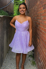 Lilac Sequins Corset Homecoming Dress with Criss Cross Back Gowns, Lilac Sequins Homecoming Dress with Criss Cross Back